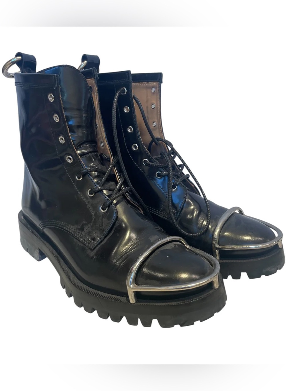 Alexander McQueen Black Leather Combat Boots with Silver Toe Bar
